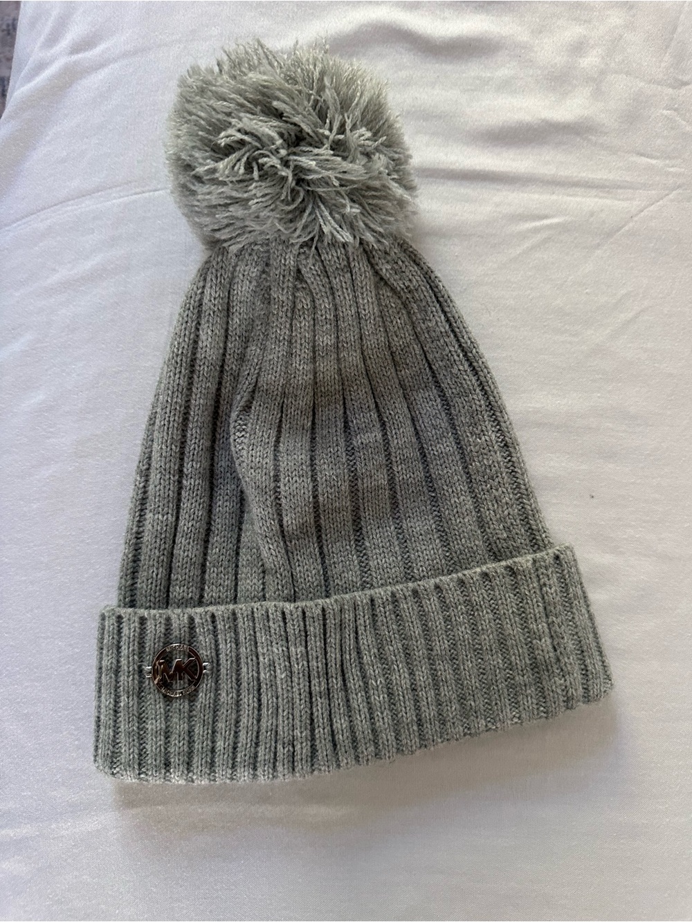 Michael Kors Gray Ribbed Knit Pom Pom Beanie Logo Hat